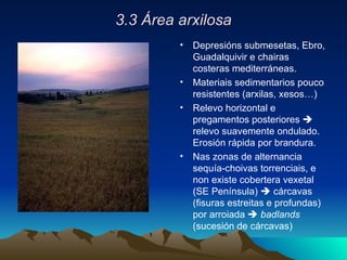 3.3 Área arxilosa Depresións submesetas, Ebro, Guadalquivir e chairas costeras mediterráneas. Materiais sedimentarios pouco resistentes (arxilas, xesos…) Relevo horizontal e pregamentos posteriores    relevo suavemente ondulado. Erosión rápida por brandura. Nas zonas de alternancia sequía-choivas torrenciais, e non existe cobertera vexetal (SE Península)    cárcavas (fisuras estreitas e profundas) por arroiada     badlands  (sucesión de cárcavas) 