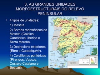 3. AS GRANDES UNIDADES MORFOESTRUCTURAIS DO RELEVO PENINSULAR 4 tipos de unidades: 1) Meseta. 2) Bordos montañosos da Meseta (Galaico, Cantábrica, Ibérico e Serra Morena. 3) Depresións exteriores (Ebro e Guadalquivir). 4) Cordilleiras periféricas (Pireneos, Vascos, Costero-Catalana e Béticas). 