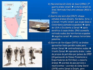 <ul><li>b)  Nacionalización Canle de Suez  (1956): 2ª guerra arabo-israelí    victoria israelí no Sinaí. Retirada final a...