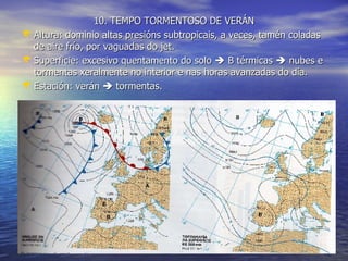 10. TEMPO TORMENTOSO DE VERÁN Altura: dominio altas presións subtropicais, a veces, tamén coladas de aire frío, por vaguadas do jet. Superficie: excesivo quentamento do solo    B térmicas    nubes e tormentas xeralmente no interior e nas horas avanzadas do día. Estación: verán    tormentas. 