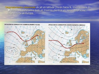 -  Desprazamentos estacionais  do jet en latitude (Verán hacia N, Inverno hacia S)    afecta a España sobre todo en Inverno, mentras en Verán desprázase hacia o norte de Europa. 