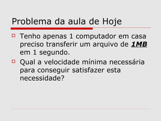 Problema da aula de Hoje
 Tenho apenas 1 computador em casa
preciso transferir um arquivo de 1MB
em 1 segundo.
 Qual a velocidade mínima necessária
para conseguir satisfazer esta
necessidade?
 