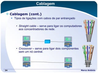 Cablagem Cablagem (cont.) Tipos de ligações com cabos de par entrançado Straight cable  – serve para ligar os computadores  aos concentradores de rede. Crossover  – serve para ligar dois componentes  sem um nó central. Marco António 