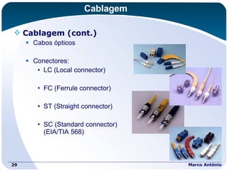 Cablagem Cablagem (cont.) Cabos ópticos Conectores: LC (Local connector) FC (Ferrule connector) ST (Straight connector) SC (Standard connector)  (EIA/TIA 568) Marco António 