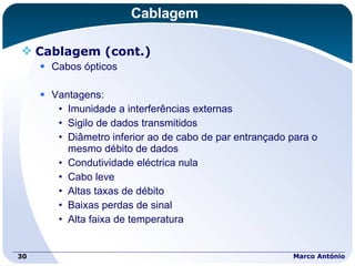 Cablagem Cablagem (cont.) Cabos ópticos Vantagens: Imunidade a interferências externas Sigilo de dados transmitidos Diâmetro inferior ao de cabo de par entrançado para o mesmo débito de dados Condutividade eléctrica nula Cabo leve Altas taxas de débito Baixas perdas de sinal Alta faixa de temperatura Marco António 