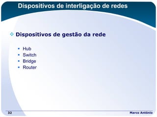 Dispositivos de interligação de redes Dispositivos de gestão da rede Hub Switch Bridge Router Marco António 