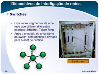 Dispositivos de interligação de redes Switches Liga vários segmentos de uma  rede que utilizem diferentes  padrões: Ethernet, Token Ring. Após a chegada de uma frame  ao switch, esta apenas é enviada  para o  host  de destino. Marco António 3 switches 