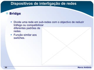 Dispositivos de interligação de redes Bridge Divide uma rede em sub-redes com o objectivo de reduzir tráfego ou compatibilizar  diferentes padrões de  redes. Função similar aos  switches. Marco António 