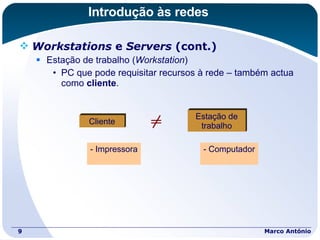 Introdução às redes Workstations  e  Servers  (cont.) Estação de trabalho ( Workstation ) PC que pode requisitar recursos à rede – também actua como  cliente . Marco António Cliente Estação de trabalho Impressora Computador 