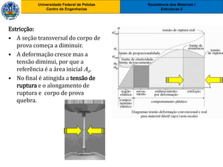 Resistência dos Materiais I
Estruturas II
Universidade Federal de Pelotas
Centro de Engenharias
Resistência dos Materiais I
Estruturas II
Universidade Federal de Pelotas
Centro de Engenharias
Estricção:
• A seção transversal do corpo de
prova começa a diminuir.
• A deformação cresce mas a
tensão diminui, por que a
referência é a área inicial Ao.
• No final é atingida a tensão de
ruptura e o alongamento de
ruptura e corpo de prova
quebra.
 