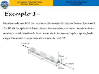 Resistência dos Materiais I
Estruturas II
Universidade Federal de Pelotas
Centro de Engenharias
Universidade Federal de Pelotas
Centro de Engenharias
Uma barra de aço A-36 tem as dimensões mostradas abaixo. Se uma força axial
P = 80 kN for aplicada à barra, determine a mudança em seu comprimento e a
mudança nas dimensões da área de sua seção transversal após a aplicação da
carga. O material comporta-se elasticamente. ν=0,32
Exemplo 1-
 