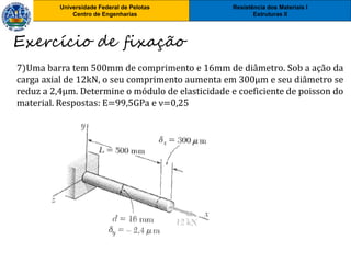 Resistência dos Materiais I
Estruturas II
Universidade Federal de Pelotas
Centro de Engenharias
Resistência dos Materiais I
Estruturas II
Universidade Federal de Pelotas
Centro de Engenharias
7)Uma barra tem 500mm de comprimento e 16mm de diâmetro. Sob a ação da
carga axial de 12kN, o seu comprimento aumenta em 300μm e seu diâmetro se
reduz a 2,4μm. Determine o módulo de elasticidade e coeficiente de poisson do
material. Respostas: E=99,5GPa e ν=0,25
Exercício de fixação
 