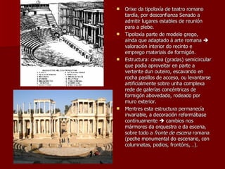 Orixe da tipoloxía de teatro romano tardía, por desconfianza Senado a admitir lugares estables de reunión para a plebe. Tipoloxía parte de modelo grego, ainda que adaptado á arte romana    valoración interior do recinto e emprego materiais de formigón. Estructura: cavea (gradas) semicircular que podía aproveitar en parte a vertente dun outeiro, escavando en rocha pasillos de acceso, ou levantarse artificialmente sobre unha complexa rede de galerías concéntricas de formigón abovedado, rodeado por muro exterior. Mentres esta estructura permanecía invariable, a decoración reformábase continuamente    cambios nos mármores da orquestra e da escena, sobre todo a  fronte de escena  romana (peche monumental do escenario, con columnatas, podios, frontóns,…). 