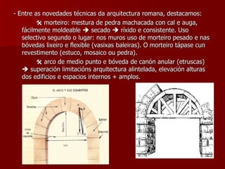 - Entre as novedades técnicas da arquitectura romana, destacamos:    morteiro: mestura de pedra machacada con cal e auga, fácilmente moldeable    secado    ríxido e consistente. Uso selectivo segundo o lugar: nos muros uso de morteiro pesado e nas bóvedas lixeiro e flexible (vasixas baleiras). O morteiro tápase cun revestimento (estuco, mosaico ou pedra).    arco de medio punto e bóveda de canón anular (etruscas)    superación limitacións arquitectura alintelada, elevación alturas dos edificios e espacios internos + amplos. 
