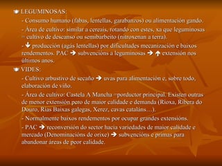    LEGUMINOSAS: - Consumo humano (fabas, lentellas, garabanzos) ou alimentación gando. - Área de cultivo: similar a cereais, rotando con estes, xa que leguminosas = cultivo de descanso ou semibarbeito (nitroxenan a terra). -    producción (agás lentellas) por dificultades mecanización e baixos rendementos. PAC    subvencións a leguminosas       extensión nos últimos anos.    VIDES:  - Cultivo arbustivo de secaño    uvas para alimentación e, sobre todo, elaboración de viño. - Área de cultivo: Castela A Mancha =porductor principal. Existen outras de menor extensión pero de maior calidade e demanda (Rioxa, Ribera do Douro, Rías Baixas galegas, Xerez, cavas cataláns…). - Normalmente baixos rendementos por ocupar grandes extensións. - PAC    reconversión do sector hacia variedades de maior calidade e mercado (Denominacións de orixe)    subvencións e primas para abandonar áreas de peor calidade. 