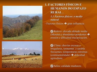 1. FACTORES FÍSICOS E HUMANOS DO ESPAZO RURAL . 1.1 Factores físicos: o medio natural - Factores físicos    gran influencia:    Relevo: elevada altitude media (Meseta) e abundantes pendentes    erosión e dificultad mecanización.    Clima: chuvias escasas e irregulares, tormentas  e sarabia frecuentes, temperaturas extremas (continentalidade)    dificultad agricultura.    Solos: calidade mediocre.  