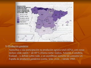b)  Produción gandeira :  Aumentou a súa participación na produción agraria total (42%), con zonas incluso onde supón + do 60 % (franxa norte: Galiza, Asturias, Cantabria, Euskadi…), debido sobre todo, a un asombroso aumento do consumo en España de productos gandeiros (carne, leite, ovos…) dende 1960. 