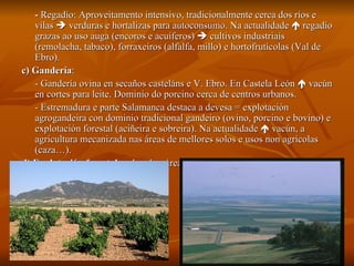 -  Regadío: Aproveitamento intensivo, tradicionalmente cerca dos ríos e vilas    verduras e hortalizas para autoconsumo. Na actualidade    regadío grazas ao uso auga (encoros e acuíferos)    cultivos industriais (remolacha, tabaco), forraxeiros (alfalfa, millo) e hortofrutícolas (Val de Ebro). c) Gandería :  - Gandería ovina en secaños casteláns e V. Ebro. En Castela León    vacún en cortes para leite. Dominio do porcino cerca de centros urbanos. - Estremadura e parte Salamanca destaca a devesa = explotación agrogandeira con dominio tradicional gandeiro (ovino, porcino e bovino) e explotación forestal (aciñeira e sobreira). Na actualidade    vacún, a agricultura mecanizada nas áreas de mellores solos e usos non agrícolas (caza…). d) Explotación forestal : nalgunhas áreas (Soria…) 