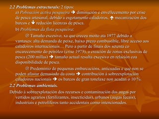 2.2 Problemas estructurais:  2 tipos: a)  Poboación activa pesqueira     diminución e envellecemento por crise de pesca artesanal, debido a esgotamento caladoiros,    mecanización dos barcos e    redución licenzas de pesca. b)  Problemas da flota pesqueira :    Tamaño excesivo, xa que creceu moito ata 1977 debido a vantaxes: alta demanda de peixe, baixo prezo combustible, libre acceso aos caladoiros internacionais… Pero a partir de finais dos setenta co encarecemento do petróleo (crise 1973), a creación de zonas exclusivas de pesca (200 millas)    tamaño actual resulta excesivo en relación coa disponibilidade de pesca.    Predominio de pequenas embarcacións, anticuadas e que non se poden afastar demasiado da costa    contribución á sobreexplotación caladoiros nacionais    os barcos de gran tonelaxe non acadan o 10 %. 2.2 Problemas ambientais. Debido á sobreexplotación dos recursos e contaminación das augas por vertidos agrarios (fertilizantes, insecticidas), urbanos (augas fecais), industriais e petrolíferos tanto accidentais como intencionados. 