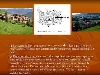    Concentrado laso : peq agrupacións de casas    aldeas e parroquias (ó redor igrexa). As casas non estan rodeadas por campos pero si separadas de outras.    Disperso intercalar:  son casas rodeadas polo seu propio agro, espalladas entre núcleos concentrados, mantendo certa relación (parroquia, concello, mercado). Orixe: crecemento poboación e explotación novos terreos de cultivo ou pastos. Predominio no N peninsular (Galicia, caserío vasco, casona asturiana) e costa mediterránea (masía cat, Va, Bal), interior andaluz (cortijo)… 