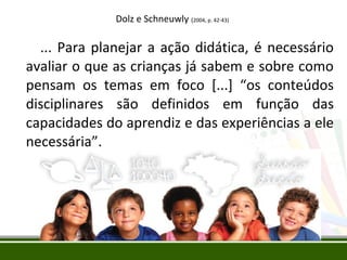 Dolz e Schneuwly (2004, p. 42-43)

... Para planejar a ação didática, é necessário
avaliar o que as crianças já sabem e sobre como
pensam os temas em foco [...] “os conteúdos
disciplinares são definidos em função das
capacidades do aprendiz e das experiências a ele
necessária”.

 