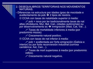2. DESEQUILIBRIOS TERRITORIAIS NOS MOVEMENTOS NATURAIS. - Diferencias na estructura por idades (grao de mocidade e avellentamento da pob    2 tipos de rexións.    CCAA con taxas de natalidade superior á media:    pob + nova por ter tradicionalmente taxas de nat altas (Andalucía, Mur, Bal, Can, cidades autónomas) ou por desenvolvemento ec    inmigración (Mad, Cat, Val…).     Taxas de mortalidade inferiores á media (por  predominio mozos)    Crecemento natural positivo.    CCAA con taxas de nat inferior á media:    pob + avellentada por forte emigración (Galicia e interior) ou por forte reconversión industrial (cornixa cantábrica: Ast, Can…).    Taxas de mort superiores á media (por predominio  vellos).    Crecemento natural negativo. 