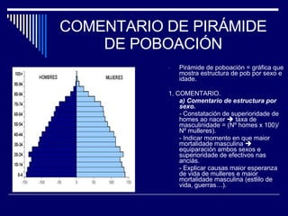 COMENTARIO DE PIRÁMIDE DE POBOACIÓN Pirámide de poboación = gráfica que mostra estructura de pob por sexo e idade. 1. COMENTARIO. a) Comentario de estructura por sexo. -  Constatación de superioridade de homes ao nacer    taxa de masculinidade = (Nº homes x 100)/ Nº mulleres). - Indicar momento en que maior mortalidade masculina    equiparación ambos sexos e superioridade de efectivos nas anciás. - Explicar causas maior esperanza de vida de mulleres e maior mortalidade masculina (estlilo de vida, guerras…). 