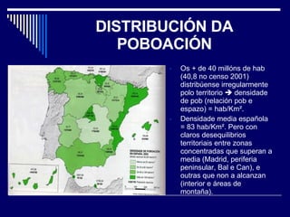 DISTRIBUCIÓN DA POBOACIÓN Os + de 40 millóns de hab (40,8 no censo 2001) distribúense irregularmente polo territorio    densidade de pob (relación pob e espazo) = hab/Km ². Densidade media española = 83  hab/Km ². Pero con claros desequilibrios territoriais entre zonas concentradas que superan a media (Madrid, periferia peninsular, Bal e Can), e outras que non a alcanzan (interior e áreas de montaña). 