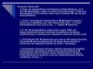 Evolución desta pob:    Orixe : de desequilibrios remóntanse á Idade Moderna, ao S. XVI    densidades + altas no centro-norte peninsular. Crise ec e demográfica S.XVII afectou sobre todo a Castela    mov de pob hacia periferias.  S.XIX : consolidación desequilibrios       Madrid (capital e centro ec) e periferias, por crec natural (Gal, And…), ou por industrialización (Ast, Eus e Cat…).  Interior    efectivos.    S. XX :    desequilibrios, sobre todo a partir 1960, por desenvolvemento áreas industriais da periferia e turísticas mediterráneas e insulares por migracións interiores (éxodo rural).    1975-década 90 :    diferencias por crise ec    reestructuración industrial    desindustrialización de áreas desenvolvidas e diminución de migracións dende as áreas + atrasadas.    Actualidade : primacía servizos, difusión espacial da industria, mecanización agricultura e desenvolvemento endóxeno    consolidación pob en Madrid, eixes mediterráneo e do Ebro. Forte descenso en áreas en crise por reestructuración (franxa cantábrica, Huelva…). 