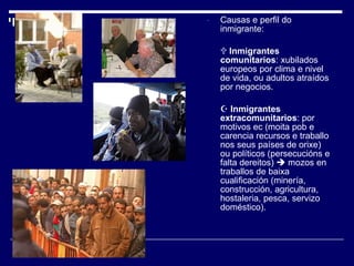Causas e perfil do inmigrante:    Inmigrantes comunitarios : xubilados europeos por clima e nivel de vida, ou adultos atraídos por negocios.    Inmigrantes extracomunitarios : por motivos ec (moita pob e carencia recursos e traballo nos seus países de orixe) ou políticos (persecucións e falta dereitos)    mozos en traballos de baixa cualificación (minería, construcción, agricultura, hostaleria, pesca, servizo doméstico). 