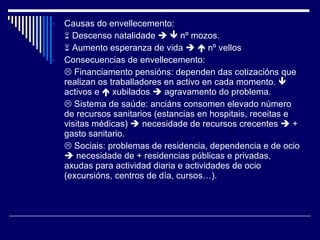 Causas do envellecemento:    Descenso natalidade       nº mozos.    Aumento esperanza de vida       nº vellos Consecuencias de envellecemento:    Financiamento pensións: dependen das cotizacións que realizan os traballadores en activo en cada momento.    activos e    xubilados    agravamento do problema.    Sistema de saúde: anciáns consomen elevado número de recursos sanitarios (estancias en hospitais, receitas e visitas médicas)    necesidade de recursos crecentes    + gasto sanitario.    Sociais: problemas de residencia, dependencia e de ocio    necesidade de + residencias públicas e privadas, axudas para actividad diaria e actividades de ocio (excursións, centros de día, cursos…).  