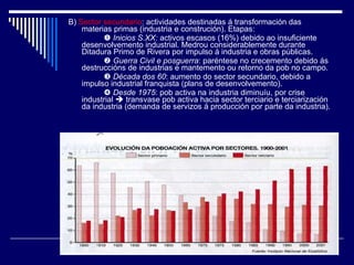 B)  Sector secundario : actividades destinadas á transformación das materias primas (industria e construción). Etapas:    Inicios S.XX:  activos escasos (16%) debido ao insuficiente desenvolvemento industrial. Medrou considerablemente durante Ditadura Primo de Rivera por impulso á industria e obras públicas.    Guerra Civil e posguerra : paréntese no crecemento debido ás destruccións de industrias e mantemento ou retorno da pob no campo.    Década dos 60 : aumento do sector secundario, debido a impulso industrial franquista (plans de desenvolvemento).    Desde 1975 : pob activa na industria diminuíu, por crise industrial    transvase pob activa hacia sector terciario e terciarización da industria (demanda de servizos á producción por parte da industria). 