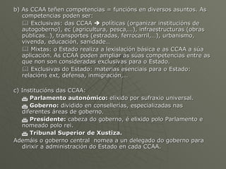 <ul><li>b) As CCAA teñen competencias = funcións en diversos asuntos. As competencias poden ser: </li></ul><ul><li>   Exc...