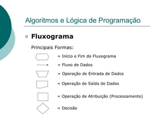 Algoritmos e Lógica de Programação
o Fluxograma
Principais Formas:
= Início e Fim do Fluxograma
= Fluxo de Dados
= Operação de Entrada de Dados
= Operação de Saída de Dados
= Operação de Atribuição (Processamento)
= Decisão
 