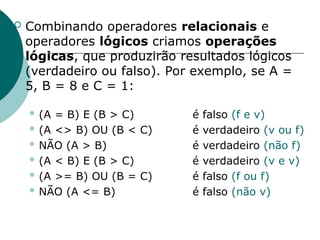  Combinando operadores relacionais e
operadores lógicos criamos operações
lógicas, que produzirão resultados lógicos
(verdadeiro ou falso). Por exemplo, se A =
5, B = 8 e C = 1:
 (A = B) E (B > C) é falso (f e v)
 (A <> B) OU (B < C) é verdadeiro (v ou f)
 NÃO (A > B) é verdadeiro (não f)
 (A < B) E (B > C) é verdadeiro (v e v)
 (A >= B) OU (B = C) é falso (f ou f)
 NÃO (A <= B) é falso (não v)
 