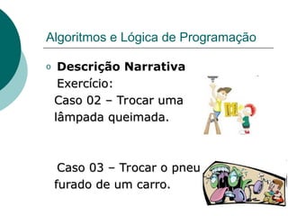 Algoritmos e Lógica de Programação
o Descrição Narrativa
Exercício:
Exercício:
Caso 02 – Trocar uma
Caso 02 – Trocar uma
lâmpada queimada.
lâmpada queimada.
Caso 03 – Trocar o pneu
Caso 03 – Trocar o pneu
furado de um carro.
furado de um carro.
 