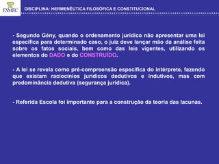 DISCIPLINA: HERMENÊUTICA FILOSÓFICA E CONSTITUCIONAL
- Segundo Gény, quando o ordenamento jurídico não apresentar uma lei
específica para determinado caso, o juiz deve lançar mão da análise feita
sobre os fatos sociais, bem como das leis vigentes, utilizando os
elementos do DADO e do CONSTRUÍDO.
- A lei se revela como pré-compreensão específica do intérprete, fazendo
que existam raciocínios jurídicos dedutivos e indutivos, mas com
predominância dedutiva (segurança jurídica).
- Referida Escola foi importante para a construção da teoria das lacunas.
 