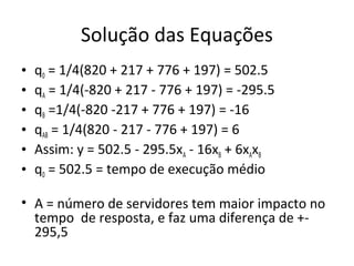 Solução das Equações
• q0 = 1/4(820 + 217 + 776 + 197) = 502.5
• qA = 1/4(-820 + 217 - 776 + 197) = -295.5
• qB =1/4(-820 -217 + 776 + 197) = -16
• qAB = 1/4(820 - 217 - 776 + 197) = 6
• Assim: y = 502.5 - 295.5xA - 16xB + 6xAxB
• q0 = 502.5 = tempo de execução médio
• A = número de servidores tem maior impacto no
tempo de resposta, e faz uma diferença de +-
295,5
 
