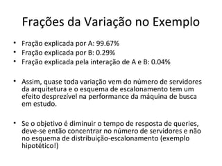 Frações da Variação no Exemplo
• Fração explicada por A: 99.67%
• Fração explicada por B: 0.29%
• Fração explicada pela interação de A e B: 0.04%
• Assim, quase toda variação vem do número de servidores
da arquitetura e o esquema de escalonamento tem um
efeito desprezível na performance da máquina de busca
em estudo.
• Se o objetivo é diminuir o tempo de resposta de queries,
deve-se então concentrar no número de servidores e não
no esquema de distribuição-escalonamento (exemplo
hipotético!)
 