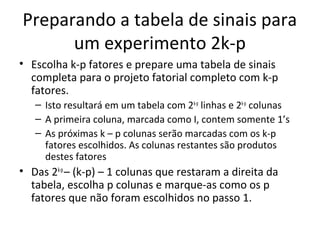 Preparando a tabela de sinais para
um experimento 2k-p
• Escolha k-p fatores e prepare uma tabela de sinais
completa para o projeto fatorial completo com k-p
fatores.
– Isto resultará em um tabela com 2k-p
linhas e 2k-p
colunas
– A primeira coluna, marcada como I, contem somente 1’s
– As próximas k – p colunas serão marcadas com os k-p
fatores escolhidos. As colunas restantes são produtos
destes fatores
• Das 2k-p
– (k-p) – 1 colunas que restaram a direita da
tabela, escolha p colunas e marque-as como os p
fatores que não foram escolhidos no passo 1.
 