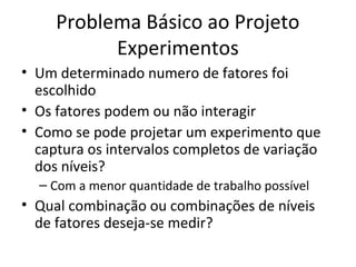 Problema Básico ao Projeto
Experimentos
• Um determinado numero de fatores foi
escolhido
• Os fatores podem ou não interagir
• Como se pode projetar um experimento que
captura os intervalos completos de variação
dos níveis?
– Com a menor quantidade de trabalho possível
• Qual combinação ou combinações de níveis
de fatores deseja-se medir?
 