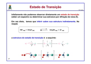 DQOI - UFC Prof. Nunes
27
Mas este não é o caso.
Em vez disso, é estabelecido um equilíbrio no qual os quatro os
compostos estão presentes. Por que esse deveria ser o caso?
Se C e D são verdadeiramente mais baixos em energia livre do que A e
B, então por que existe alguma quantidade de A e B quando a reação
estiver completa?
G
Coordenada da reação
EquilíbrioEquilíbrio
 