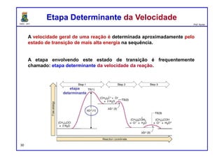 DQOI - UFC Prof. Nunes
30
Se a concentração de produtos for maior que a concentração de
reagentes, então Keq será maior que 1.
Por outro lado, se a concentração de produtos for menor que a
concentração de reagentes, então Keq será inferior a 1.
O termo Keq indica a posição exata do equilíbrio, e está relacionado com
ΔG da seguinte maneira, onde R é a constante de gás (8.314 J/mol·K) e T é
a temperatura medida em Kelvin.
produtos
reagentes
EquilíbrioEquilíbrio
 