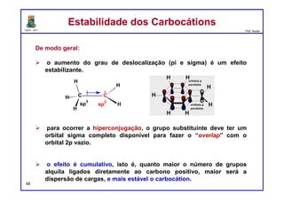 DQOI - UFC Prof. Nunes
49
Usando esse princípio, podemos fazer uma generalização sobre a
estrutura de um estado de transição em qualquer processo exotérmico ou
endotérmico.
Postulado de HammondPostulado de Hammond
G
Coordenada da reaçãoCoordenada da reação
G G
Reagentes
Produtos
Estado de Transição
mais próximos
em energia mais próximos
em energia
Reagentes
Produtos
Estado de Transição
 