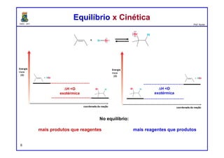 DQOI - UFC Prof. Nunes
A maioria das reações envolve a quebra e a formação de várias ligações.
Portanto, devemos levar em consideração cada ligação que é quebrada ou
formada.
A variação total na entalpia (ΔH°) para a reação é referida como a entalpia
da reação.
O sinal de ΔH ° para uma reação (seja positivo ou negativo) indica a direção
na qual a energia é trocada. A direção da troca de energia é descrito pelos
termos endotérmico e exotérmico.
Entalpia da ReaçãoEntalpia da Reação
6 Coordenada da reação Coordenada da reação
endotérmicaexotérmica
Entalpia(H)
Entalpia(H)
 