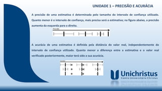 UNIDADE 1 – PRECISÃO E ACURÁCIA
A precisão de uma estimativa é determinada pelo tamanho do intervalo de confiança utilizado.
Quanto menor é o intervalo de confiança, mais precisa será a estimativa; na figura abaixo, a precisão
aumenta da esquerda para a direita.
A acurácia de uma estimativa é definida pela distância do valor real, independentemente do
intervalo de confiança utilizado. Quanto menor a diferença entre a estimativa e o valor real
verificado posteriormente, maior terá sido a sua acurácia.
 
