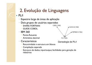2.
 2 Evolução de Linguagens
PL/I
◦ Espectro largo de áreas de aplicação
◦ Dois grupos de usuários separados
   SHARE:
   SHARE FORTRAN
   GUIDE: COBOL
◦ IBM 360
   Ponto-flutuante
   Aritmética decimal
◦ Características                          Genealogia de PL/I
   Recursividade e estrutura em blocos
   Compilação separada
   Estrutura de dados, input/output, facilidades para geração de
   relatórios
 