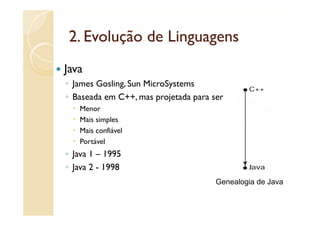 2.
 2 Evolução de Linguagens
Java
◦ James Gosling, Sun MicroSystems
  J           g,           y
◦ Baseada em C++, mas projetada para ser
   Menor
   Mais simples
   Mais confiável
   Portável
◦ Java 1 – 1995
◦ J
  Java 2 - 1998
                                      Genealogia de Java
 