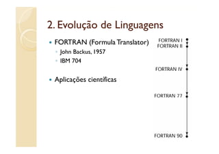 2.
2 Evolução de Linguagens
 FORTRAN (Formula Translator)
 ◦ John Backus, 1957
 ◦ IBM 704


 Aplicações científicas
 A l    õ        íf
 