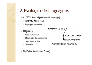 2.
2 Evolução de Linguagens
 ALGOL 60 (Algorithmic Language)
 ◦ GAMM e ACM, 1960
 ◦ linguagem universal
      g g


 Objetivos
   j
 ◦ Sintaxe familiar
 ◦ Descrição de algoritmos
    em publicações
 ◦ Tradução                  Genealogia de ALGOL 60


 BNF (Backus-Naur Form)
 